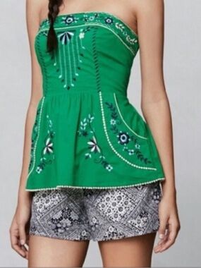 Anthropologie Strapless Embroidered Peplum Top - Green